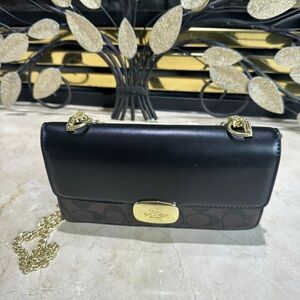 Coach Black and Brown Signature Leather Chain Crossbody Bag